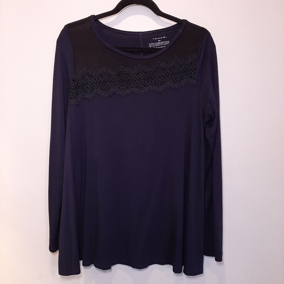 TAHARI Sheer Mesh Lace Asymmetric Long Sleeve Tunic Top Flowy Rayon - Picture 10 of 11